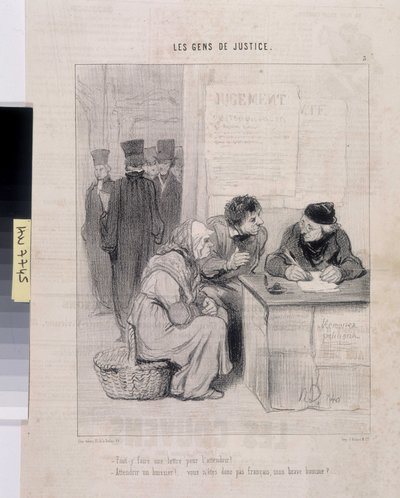 Kunstwerk door Honore Daumier (1808-1879). Charivari uit 1845: Serie LES PEANS DE JUSTICE. 