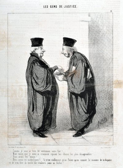 Kunstwerk door Honore Daumier (1808-1879). Charivari dateert uit 1845: Serie LES PEOPLES DE JUSTICE -Zoals ik je echt je feit vertelde! We waren mooi. We waren mooi!... het is echt alleen in het Paleis dat we de manier van argumenteren en praten erover ken door Honoré Daumier