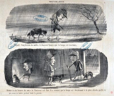 Werk van Honore Daumier (1808-1879) Charivari dateert uit 1853: Serie Sketches de Chasse - Vertrek Vijf uur 