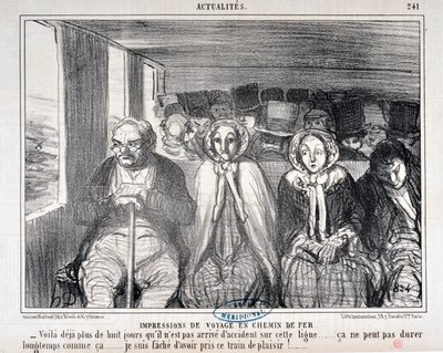 Werk van Honore Daumier (1808-1879) Charivari dateert uit 1855: Serie Actualites de voyage en railroad -Hier is al meer dan acht dagen geen ongeluk gebeurd op deze lijn... het kan niet lang zo blijven... Het spijt me dat ik deze trein heb genomen door Honoré Daumier