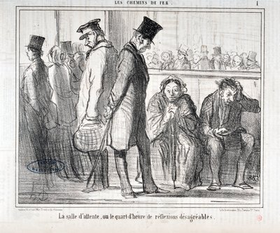 Kunstwerk door Honore Daumier (1808-1879). Charivari dateert uit 1855: Serie LES Spoorwegen De wachtkamer of het kwartier van onaangename reflecties MUSEE DES BEAUX ARTS - PALAIS LONGCHAMP, MARSEILLE door Honoré Daumier