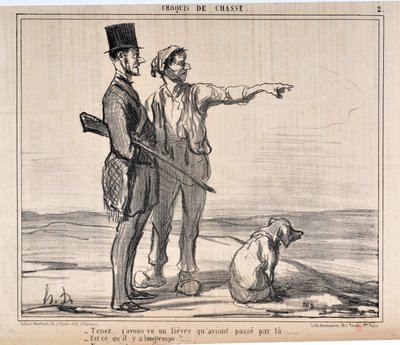 Kunstwerk door Honore Daumier (1808-1879) Charivari dateert uit 1857: Serie jachtschetsen Hou... ik zag een havik die daar vloog... - Is dat lang geleden?... MUSEUM VAN SCHONE KUNSTEN - PALEIS LONGCHAMP, MARSEILLE door Honoré Daumier