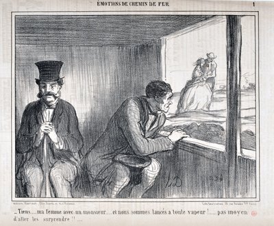 Kunstwerk door Honore Daumier (1808-1879) Charivari dateert uit 1858: Serie EMOTIES OP Spoorweg -Tiens... mijn vrouw met een heer... en we zijn op volle snelheid!... geen manier om ze te verrassen!!... MUSEUM VAN SCHONE KUNSTEN - PALEIS LONGCHAMP, MARSEILL door Honoré Daumier