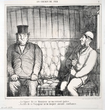 Kunstwerk door Honore Daumier (1808-1879). Charivari dateert uit 1864: Serie LES CHAINS DE RAILWAY -Het gezicht van deze heer komt me niet bekend voor. - het hoofd van deze reiziger wekt bij mij geen vertrouwen MUSEE DES BEAUX ARTS - PALAIS LONGCHAMP, MARS door Honoré Daumier