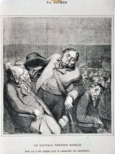 Kunstwerk door Honore Daumier (1808-1879). Charivari dateert uit 1864: Serie Schetsen Gemaakt in het Theater Een nieuw theatermodel. Niets is verwaarloosd voor het gemak van de toeschouwers MUSEE DES BEAUX ARTS - PALAIS LONGCHAMP, MARSEILLE door Honoré Daumier