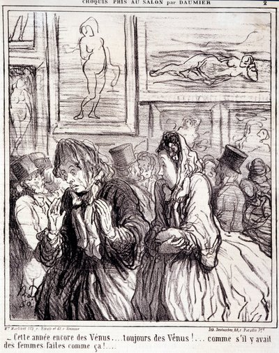 Charivari uit 1865: Serie Schetsen Gemaakt op de Salon- "Dit jaar weer de Venus... altijd de Venus!... alsof er vrouwen zo gemaakt zijn!" Uit de krant "Le Charivari" door Honoré Daumier