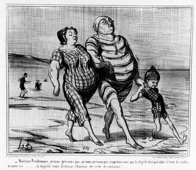 Bij de zeebaden: Parijse familie wandelt op een strand - door Daumier, in "Charivari" door Honoré Daumier