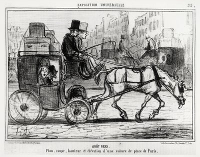 Augustus 1855, universele tentoonstelling: plan, doorsnede, hoogte en elevatie van een Parijse wagen (illustratie door Honore Daumier, gepubliceerd in Charivari, gedateerd 4 september) door Honoré Daumier