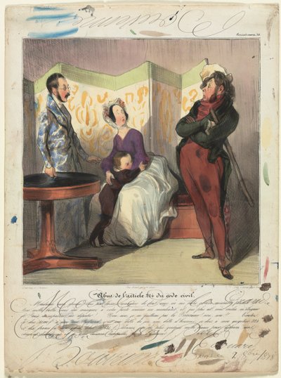 Caricaturana (plaat 50): Schending van Burgerlijk Wetboek Artikel 24 door Honoré Daumier