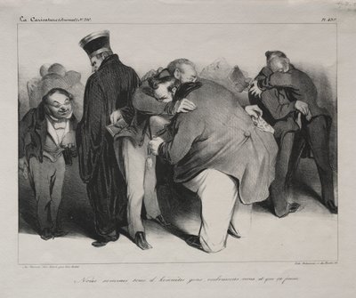 Karikatuur, plaat 439: Wij zijn allemaal eerlijke mannen, laten we elkaar omarmen en het hierbij laten door Honoré Daumier