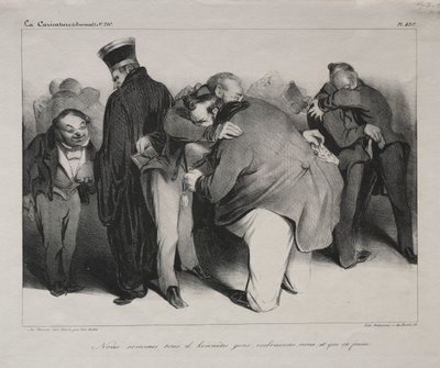 Karikatuur, plaat 439: Wij zijn allemaal eerlijke mannen, laten we elkaar omhelzen en het hierbij laten, 1834 door Honoré Daumier
