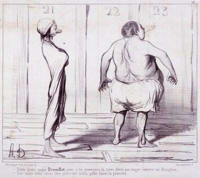 Spotprent over uiterlijkheden. Serie The Bathers: Vertel papa Drouillet... Gravure door Honore Daumier. Uit de krant Le Charivari. Dim 25x36cm. box 12 Marseille, Musee des Beaux-Arts, Palais Longchamps, Collectie Arts Graphi door Honoré Daumier
