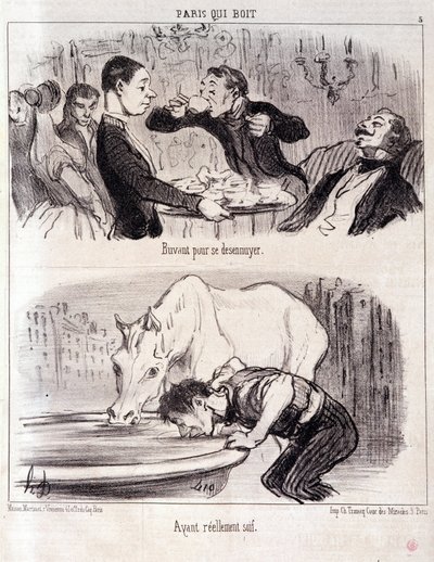 Cartoon over gastronomisch misbruik. Serie Parijs drinkt: "Drinken om je te vervelen. Echt dorstig." Gravure door Honore Daumier. Uit de krant "Le Charivari" 16 juni 1852 door Honoré Daumier
