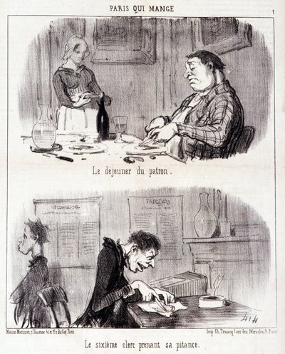 Spotprent over gastronomisch misbruik. Serie Paris qui mange: Het ontbijt van de baas. De zesde klerk neemt zijn maaltijd. Gravure door Honore Daumier. Uit de krant Le Charivari op 26 juni door Honoré Daumier