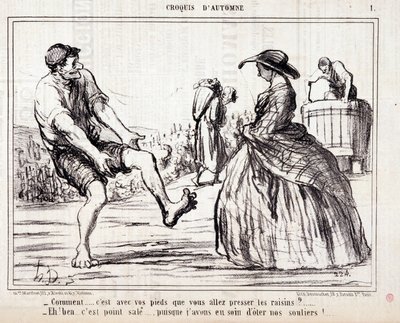 Spotprent over druivenplukkers die op blote voeten druiven vertrappen. Serie Autumn Sketch: Hoe... ga je de druiven met je voeten persen? Gravure door Honore Daumier. Uit de krant Le Charivari door Honoré Daumier