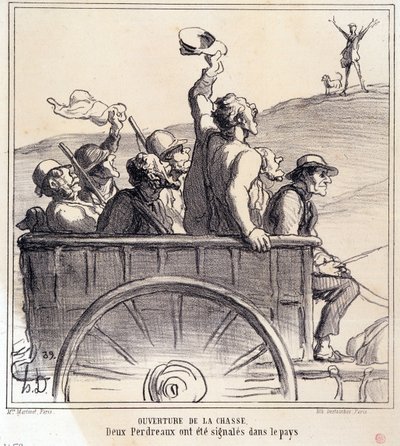 Cartoon over jagers. Serie "Herfstschets: Opening van de jacht, twee patrijzen werden gesignaleerd op het platteland", uit de krant "Le Charivari" door Honoré Daumier