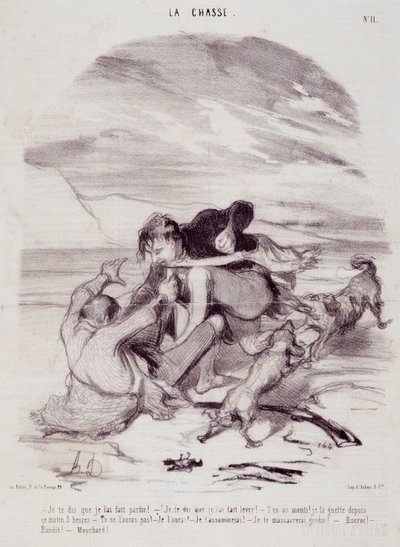 Cartoon over jagers. Serie "The Beautiful Days of Life - The Hunting": "Ik zeg je dat ik hem heb laten vertrekken..." Gravure door Honore DAUMIER (1808-1879). Uittreksel uit de krant "Le Charivari" op 10 januari door Honoré Daumier