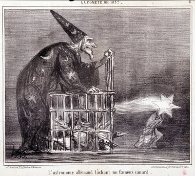 Cartoon over wetenschap. Serie Sur "de Komeet van 1857": "De Duitse Astronoom Verlaat een Beroemde Eend". Gravure door Honore Daumier. Uit de krant "Le Charivari" 2 maart door Honoré Daumier