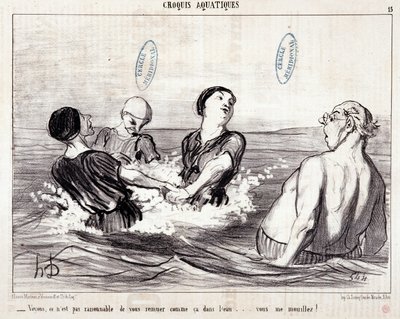 Cartoon over toeristen op vakantie aan zee. Serie "Les Bains de Mer": "Aquatische schets. Laten we zien, het is niet redelijk om je zo in het water te roeren... je maakt me nat!" Gravure door Honore Daumier. Uit de krant "Le Charivari" door Honoré Daumier