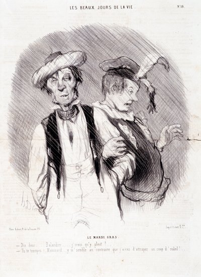 Cartoon over twee alcoholisten: Serie "Les Beaux Days de la Vie": "Le Mardi Gras..." Gravure door Honore DAUMIER (1808-1879). Uittreksel uit de krant "Le Charivari" op 9 augustus door Honoré Daumier
