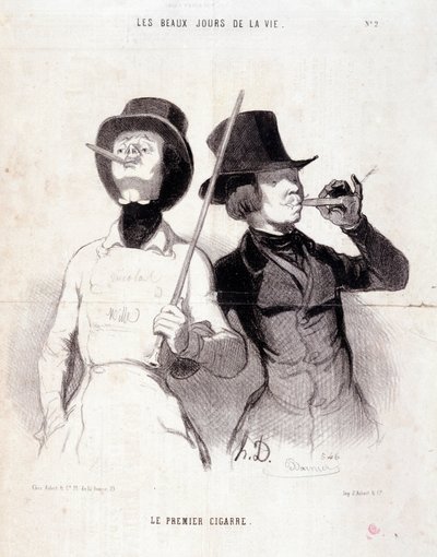 Spotprent over jonge Dandys. Serie The Beautiful Days of Life: De eerste sigaar. Gravure door Honore Daumier. Uit de krant Le Charivari op 31 december 1843 Dim 37x25cm Inv 1089 - box 8 N°12. Marseille, Musee des Beaux door Honoré Daumier