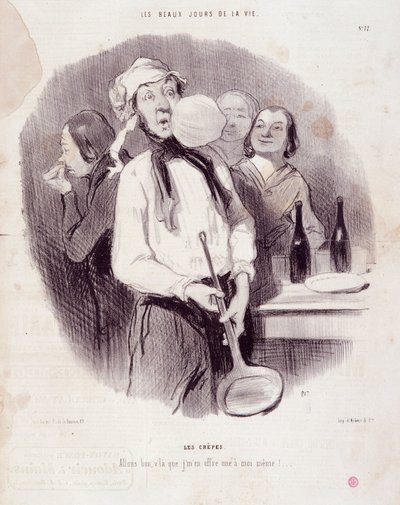 Spotprent van een onhandige man. Serie Les Beaux Days de la Vie: De pannenkoeken... Gravure door Honore Daumier. Uit de krant Le Charivari op 14 november door Honoré Daumier