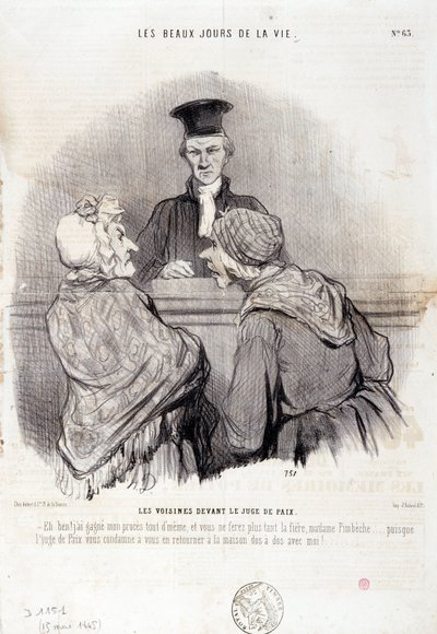 Spotprent over buurtverhoudingen: Serie The Beautiful Days of Life: Buren voor de Vrederechter... Gravure door Honore Daumier. Uit de krant Le Charivari op 15 mei door Honoré Daumier