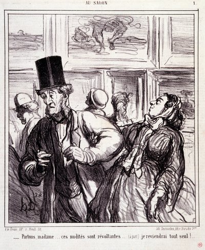 Spotprent over kunstliefhebbers: Serie Au salon: Laten we vertrekken mevrouw... deze naakten zijn schandalig... ik kom alleen terug. Gravure door Honore Daumier. Uit de krant Le Charivari op 5 mei door Honoré Daumier