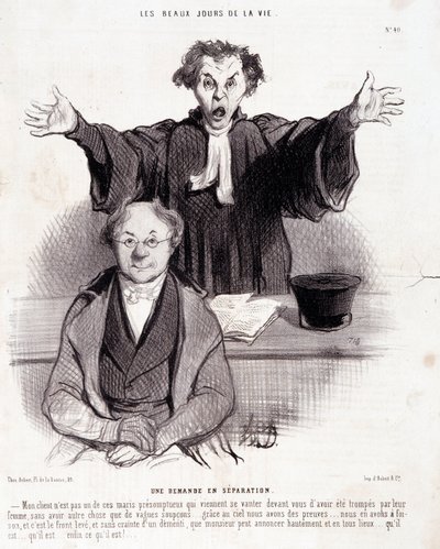 Spotprent over scheidingen: Serie The Beautiful Days of Life: Een verzoek om scheiding... Gravure door Honore Daumier. Uit de krant Le Charivari op 29 januari door Honoré Daumier