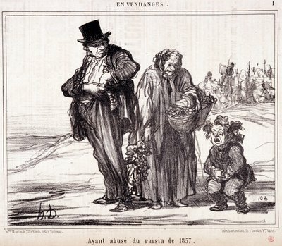Cartoon over wijnbouw. Serie "Herfstschets": "In de Oogst. Misbruik gemaakt van de druiven van 1857" Gravure door Honore DAUMIER (1808-1879). Uittreksel uit de krant "Le Charivari" op 16 oktober door Honoré Daumier