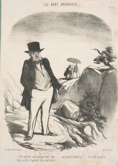 Deze artiesten zijn bijna allemaal gek... Mijn erewoord! ... Hier is er een die het idee heeft om het portret van een oude boom te maken! door Honoré Daumier