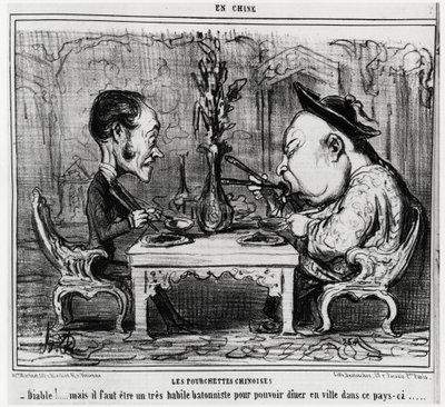 Chinese vorken: "Duivel! maar je moet een zeer bekwame batonist zijn om in deze stad te kunnen dineren." in serie En Chine, illustratie door Honore Daumier (1808-1879), gepubliceerd in "Charivari" door Honoré Daumier