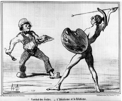 Strijd der scholen. Het idealisme en het realisme, uit "Paintings et salons", Cartoons serie door Honore Daumier. "Charivari" door Honoré Daumier