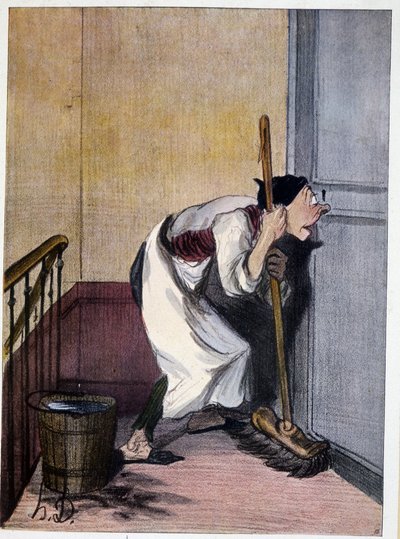 Concierge die door een sleutelgat kijkt - tekening door Daumier, n.d. 19e eeuw door Honoré Daumier