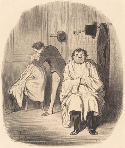 Duivel!... het lijkt erop dat het scheermes niet erg goed is... door Honoré Daumier