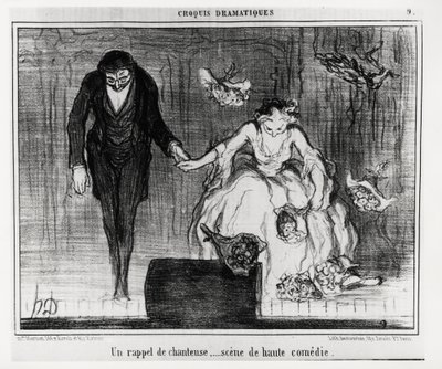 Dramatische schetsen: een zanger herinnering, scène uit de hoge komedie. Illustratie van Honore Daumier, gepubliceerd in 
