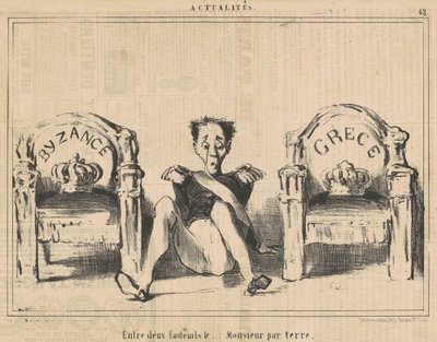 Tussen twee fauteuils de... meneer op de grond door Honoré Daumier