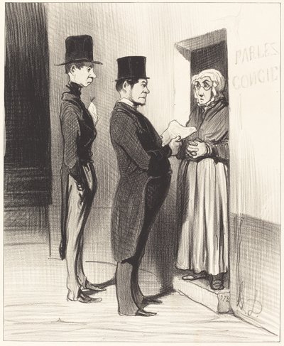 En pratend met haar portier zo verklaard... door Honoré Daumier