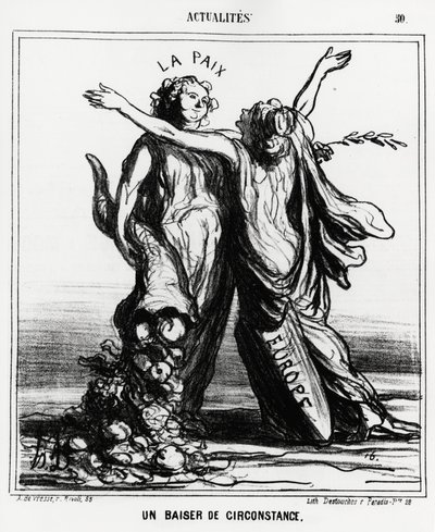 Europa en vrede: een speciale kus (illustratie door Honore Daumier, gepubliceerd in Charivari, gedateerd 1 april) door Honoré Daumier