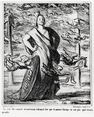 Europa: de wolk van eenden verduistert de lucht zo erg dat arme Europa niet meer weet welke weg ze moet nemen. Illustratie door Honore Daumier, gepubliceerd in het nieuws, 