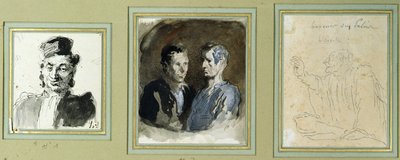 Vooraanzicht van een advocaat, twee beklaagden en een pleiter door Honoré Daumier