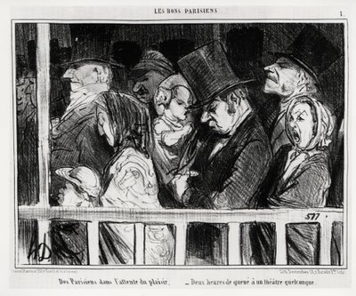 Goede Parijzenaars: Parijzenaars die wachten op plezier, twee uur in de rij voor een soort theater (illustratie door Honore Daumier, gepubliceerd in Charivari, gedateerd 5 maart) door Honoré Daumier