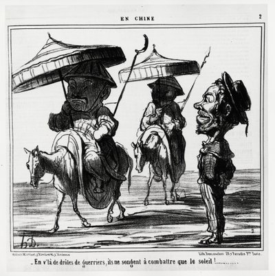 In deze grappige krijgers denken ze alleen aan het vechten tegen de zon. In serie En Chine, illustratie door Honore Daumier, gepubliceerd in 