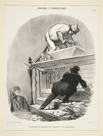 Ongemak van het vragen om reparaties aan zijn eigenaar, uit Huurders en Eigenaren door Honoré Daumier