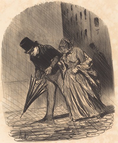 Ongemak van een te gecompliceerde veerparaplu door Honoré Daumier