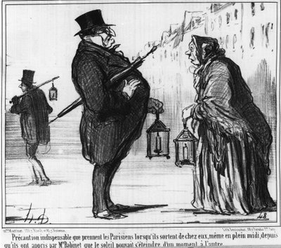 Onmisbare voorzorgsmaatregel die Parijzenaars nemen wanneer ze hun huis verlaten, zelfs midden op de dag, sinds ze door meneer Babinet werd geleerd dat de zon elk moment kan vervagen, cartoon door Honore Daumier. 