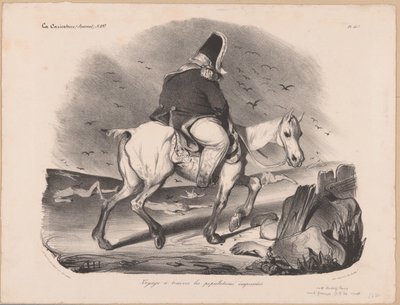 Karikatuur van Lodewijk Filips I, koning van Frankrijk te paard tussen de lijken door Honoré Daumier
