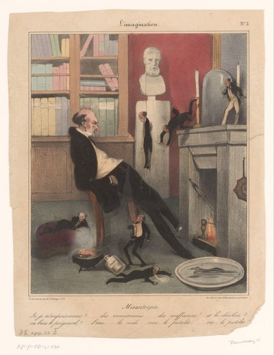 Karikatuur van een misantroop die bedenkt hoe hij zelfmoord zal plegen door Honoré Daumier
