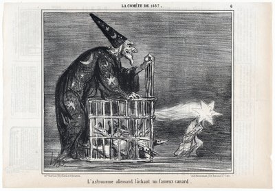 De komeet van 1857, "De Duitse astronoom laat een beroemde eend los", uit Le Charivari, uitgegeven 1858 door Honoré Daumier