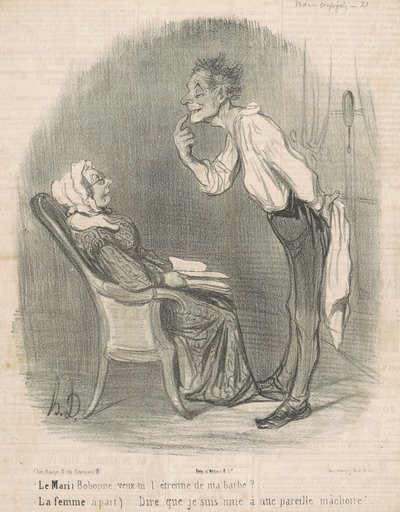 De echtgenoot. Bobonne, wil je mijn baard als nieuwjaarsgeschenk? door Honoré Daumier